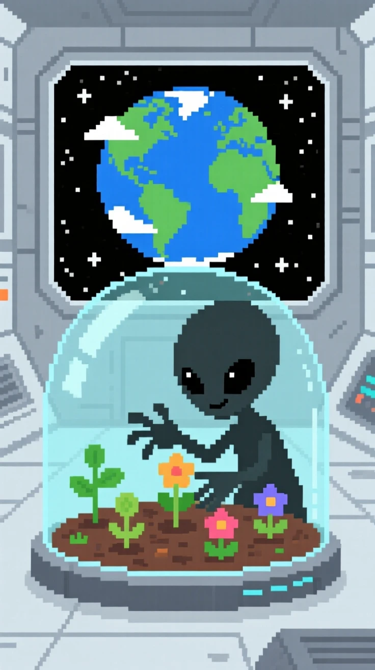 A curious alien child planting a small garden inside a glass dome, inside a space station overlooking Earth.