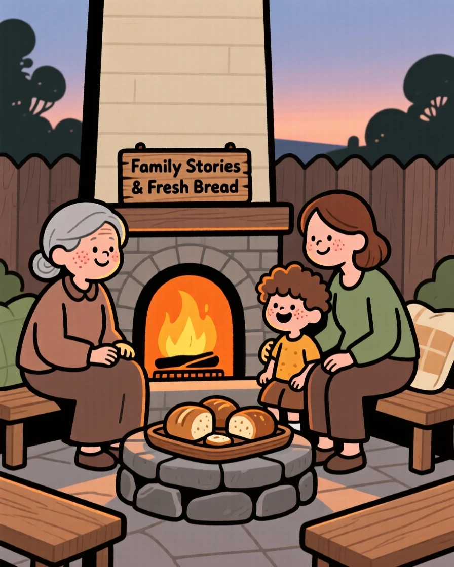 Three generations of a family gather around a fireplace hearth in the backyard patio, sharing freshly baked bread and stories as evening settles in outside.