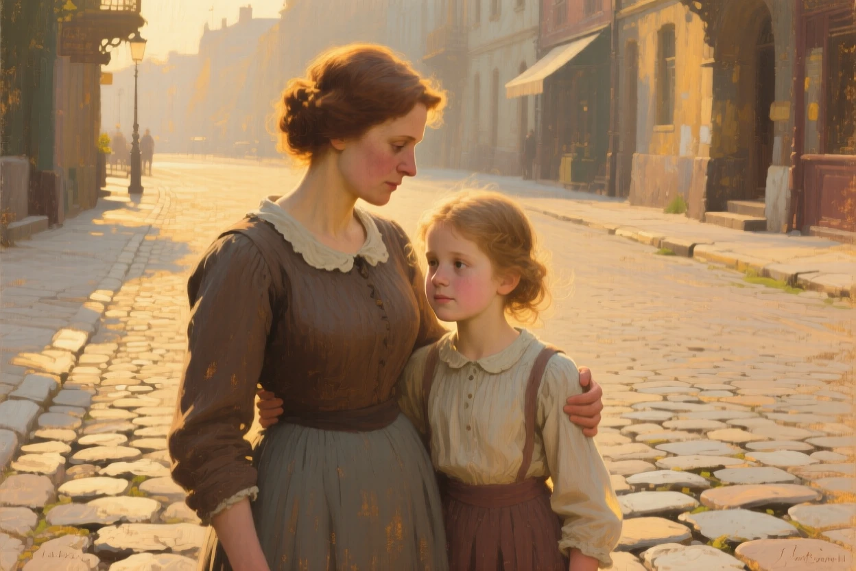 A close-up portrait of a mother and her daughter on a cobblestone street, glowing with pride, at golden hour.