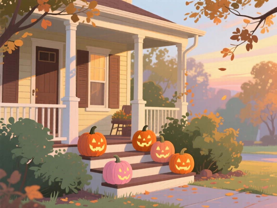 A row of jack-o'-lanterns glowing on a porch at autumn dusk