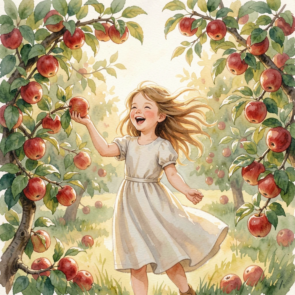 A little girl picking apples in an orchard with laughter filling the air.