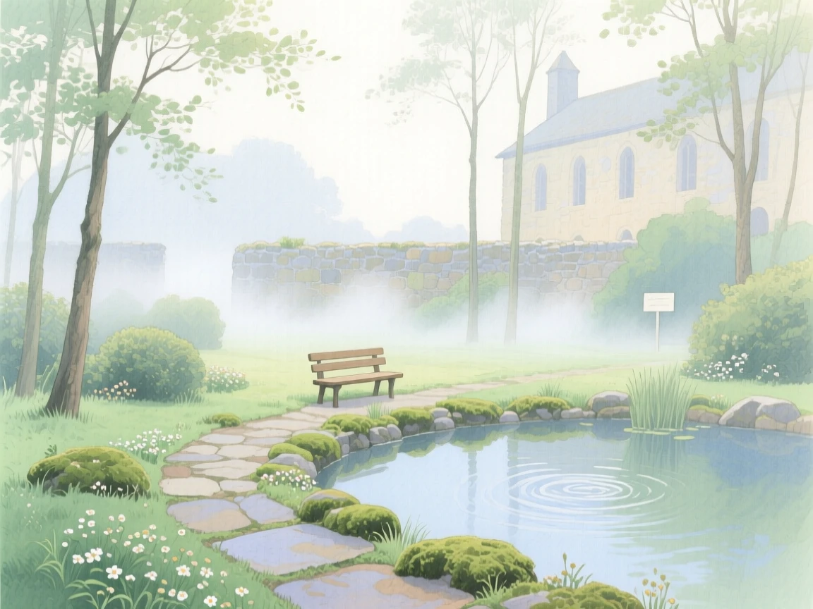 A serene view of a quiet monastery garden, while mist drifts gently through the air, evoking calm and quiet reflection