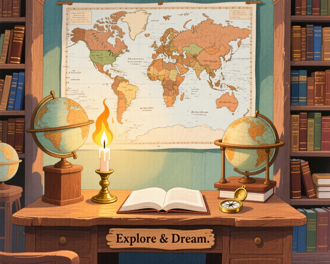 A candlelit study filled with old maps and globes, warm and inviting on a quiet afternoon.