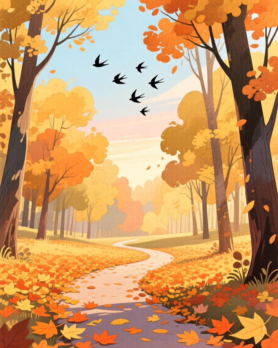 A golden autumn forest with a winding path of fallen leaves, with a flock of birds silhouetted against the sky, filled with quiet majesty and stillness.