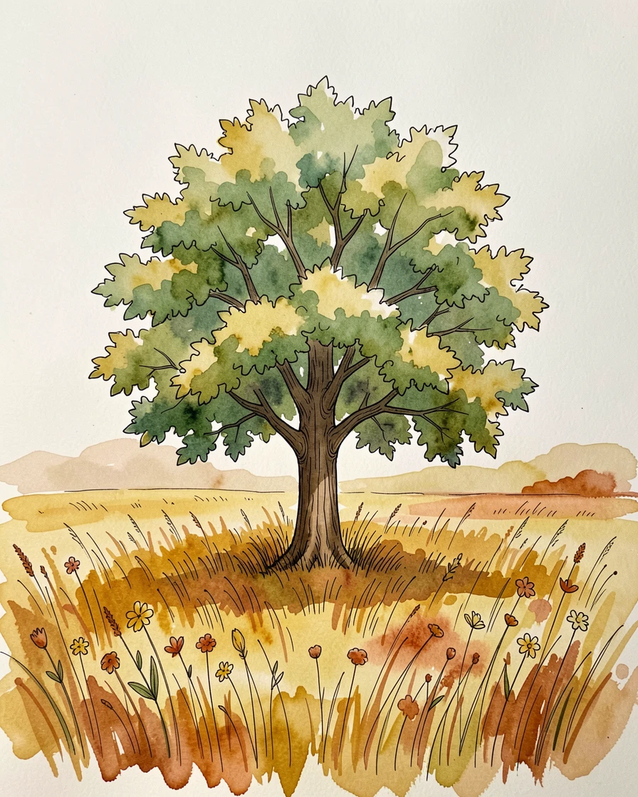 A single tree standing green and full amid a field of autumn gold, the moment simple, sincere, and quietly powerful.