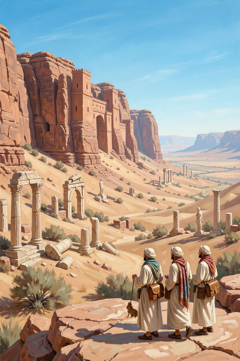 Overlooking a vast valley dotted with ancient ruins, a vast desert citadel carved into rose-colored cliffs, travelers pausing to take in the sweeping view, under a vivid blue midday sky.