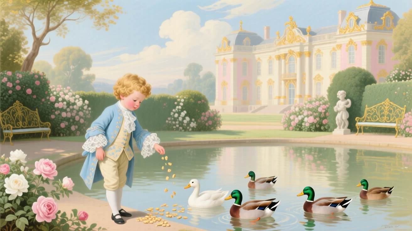 A little boy feeding ducks beside a palace pond  