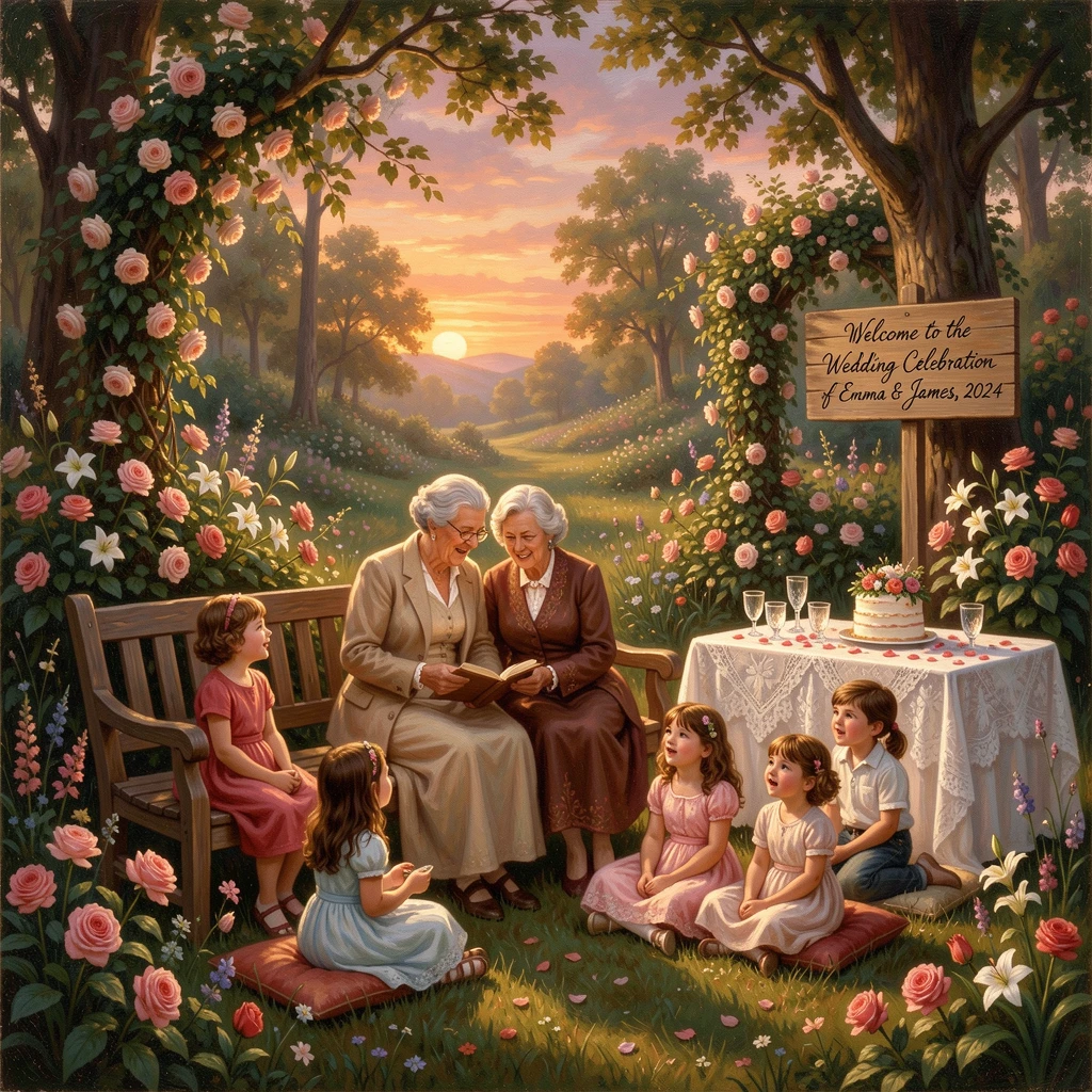 Grandparents and grandchildren tell stories around a wedding celebration in a flower-filled garden on a warm summer evening.