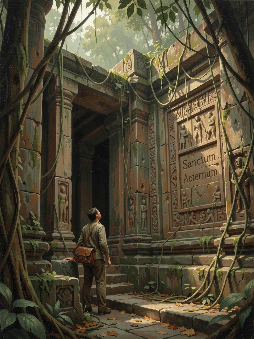 A traveler exploring an ancient temple hidden deep in the jungle, as the vastness of the destination dwarfs the traveler in scale, evoking wanderlust and the irresistible call of adventure