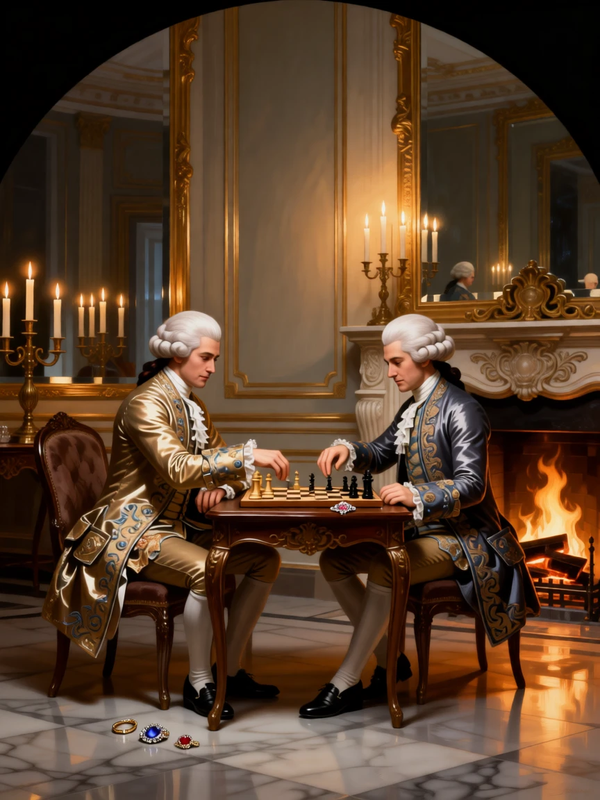 Noblemen playing chess beside a roaring fireplace in a moment of quiet, practiced grace, set within a mirrored ballroom lit by hundreds of candles, with silk gowns, powdered wigs, and glittering jewels catching the light; a mirror in the background subtly doubles the scene's elegance, suggesting both splendor and the fleeting nature of such moments.