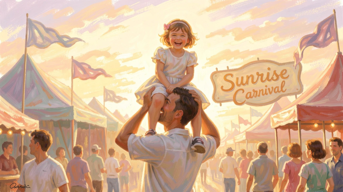 A father lifting his laughing daughter onto his shoulders at a sunlit carnival, at golden sunrise.