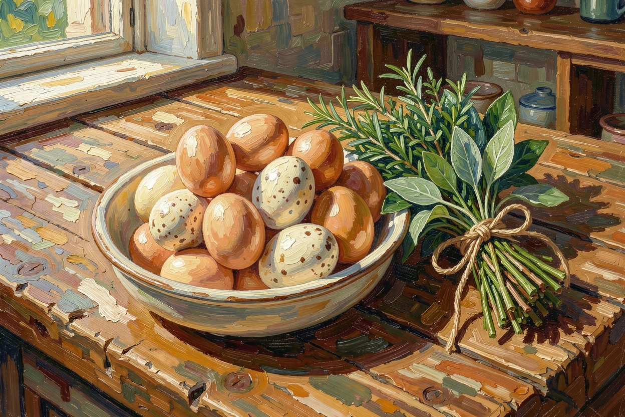A bowl of fresh eggs beside a bundle of herbs tied with twine on a farmhouse counter.