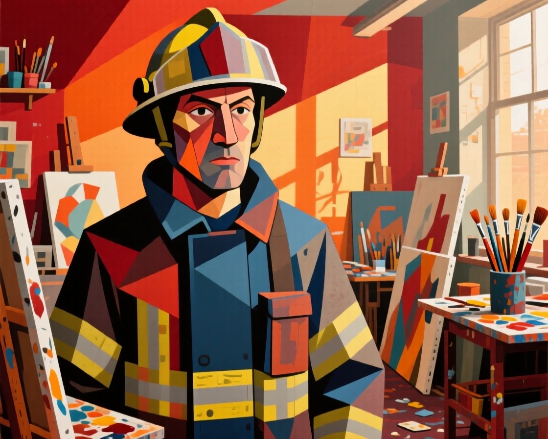 A medium shot portrait of a firefighter in a bustling studio filled with warm afternoon light, focused and content in the craft.
