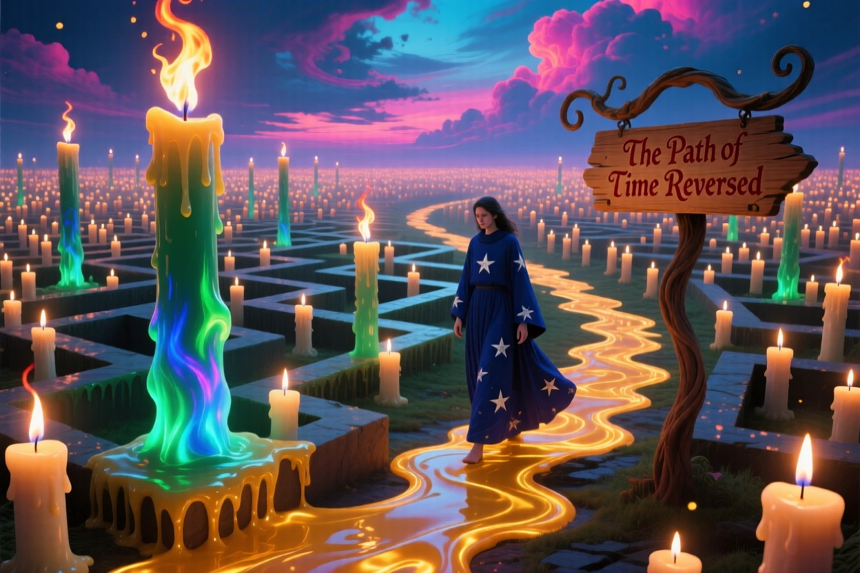 A candle whose flame burns backward, growing taller instead of shorter repeats itself endlessly in every direction, while a lone figure walks calmly through its impossible turns.