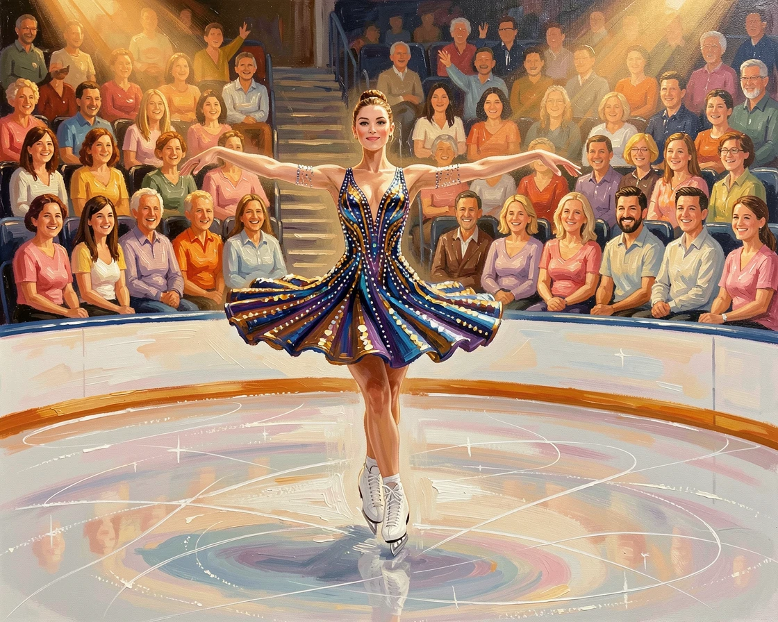A figure skater spins at the center of an ice rink, arms extended as her costume catches the colorful arena lights, warm ambient light illuminating faces filled with joy and communal spirit.