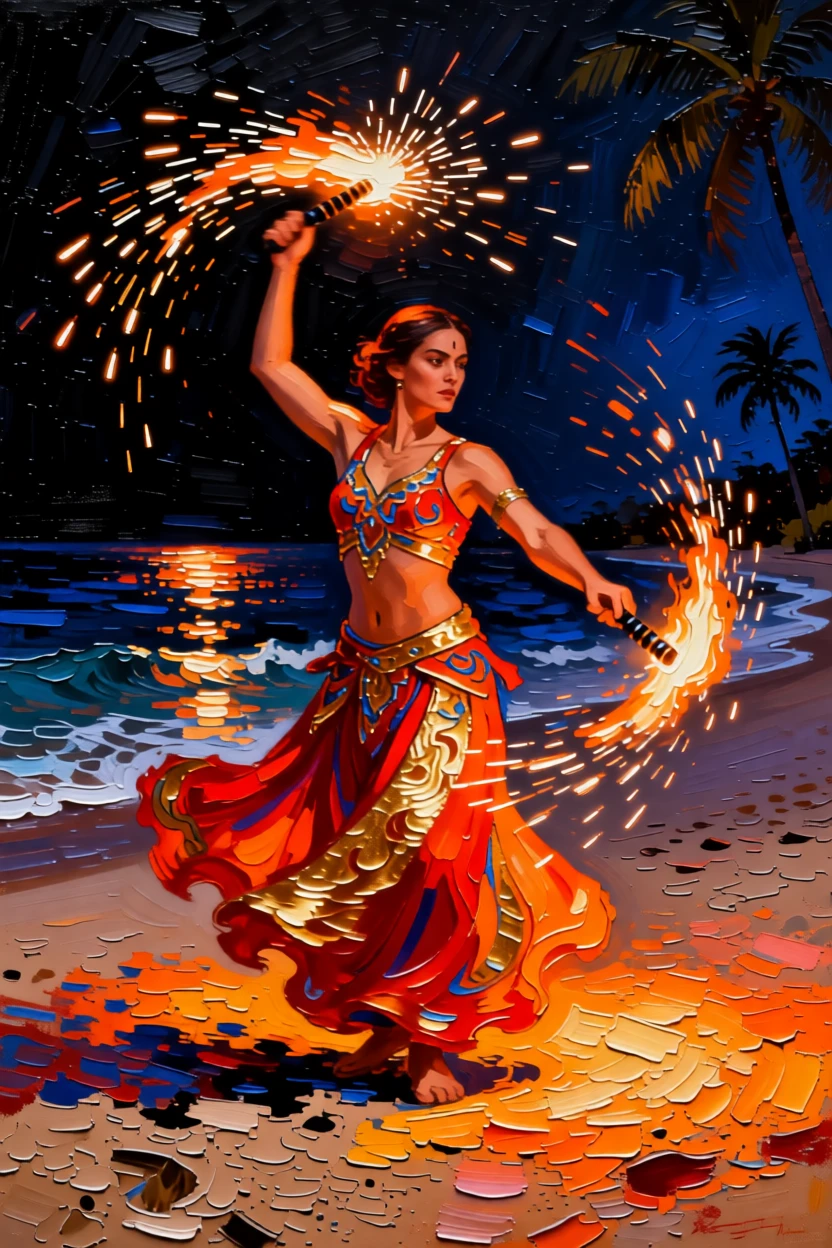 A fire dancer twirling flaming batons on a beach at night, sparks trailing through the dark
