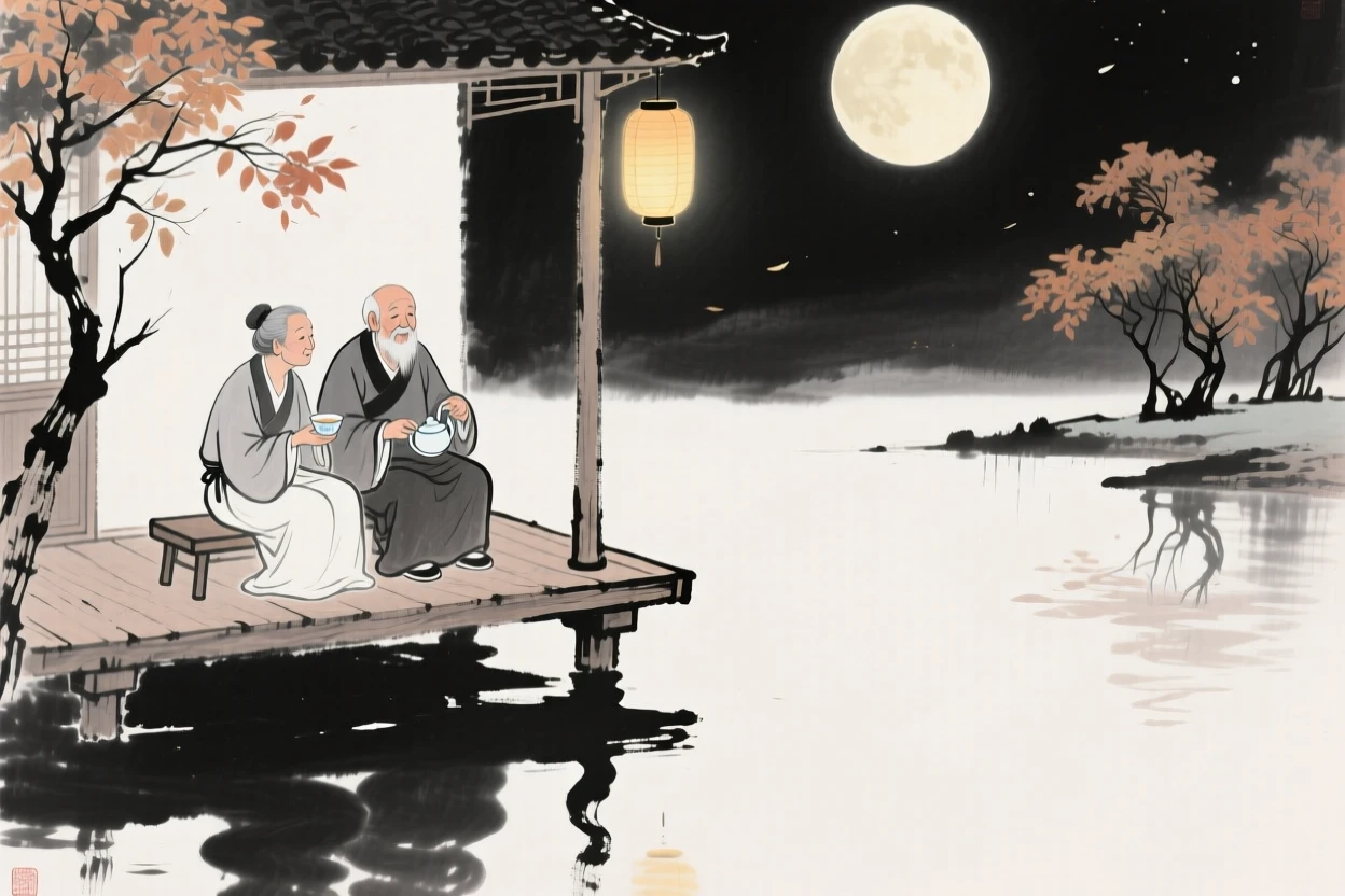 An elderly couple shares tea on their porch beneath the bright autumn moon, with lantern light reflecting softly on the water.