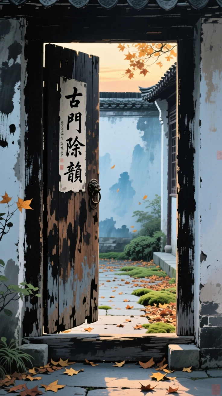 An old wooden door left ajar onto a courtyard of fallen leaves, in the last golden light of day.