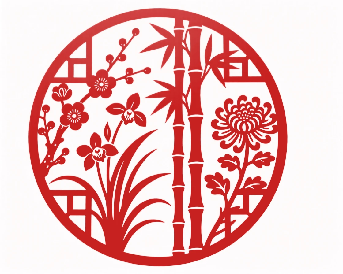 A circular window panel depicting the four gentlemen plants arranged in graceful balance