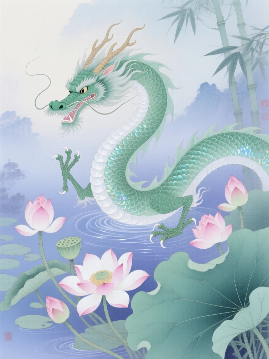 A serpentine water dragon with shimmering scales above blooming lotus flowers in an otherworldly garden