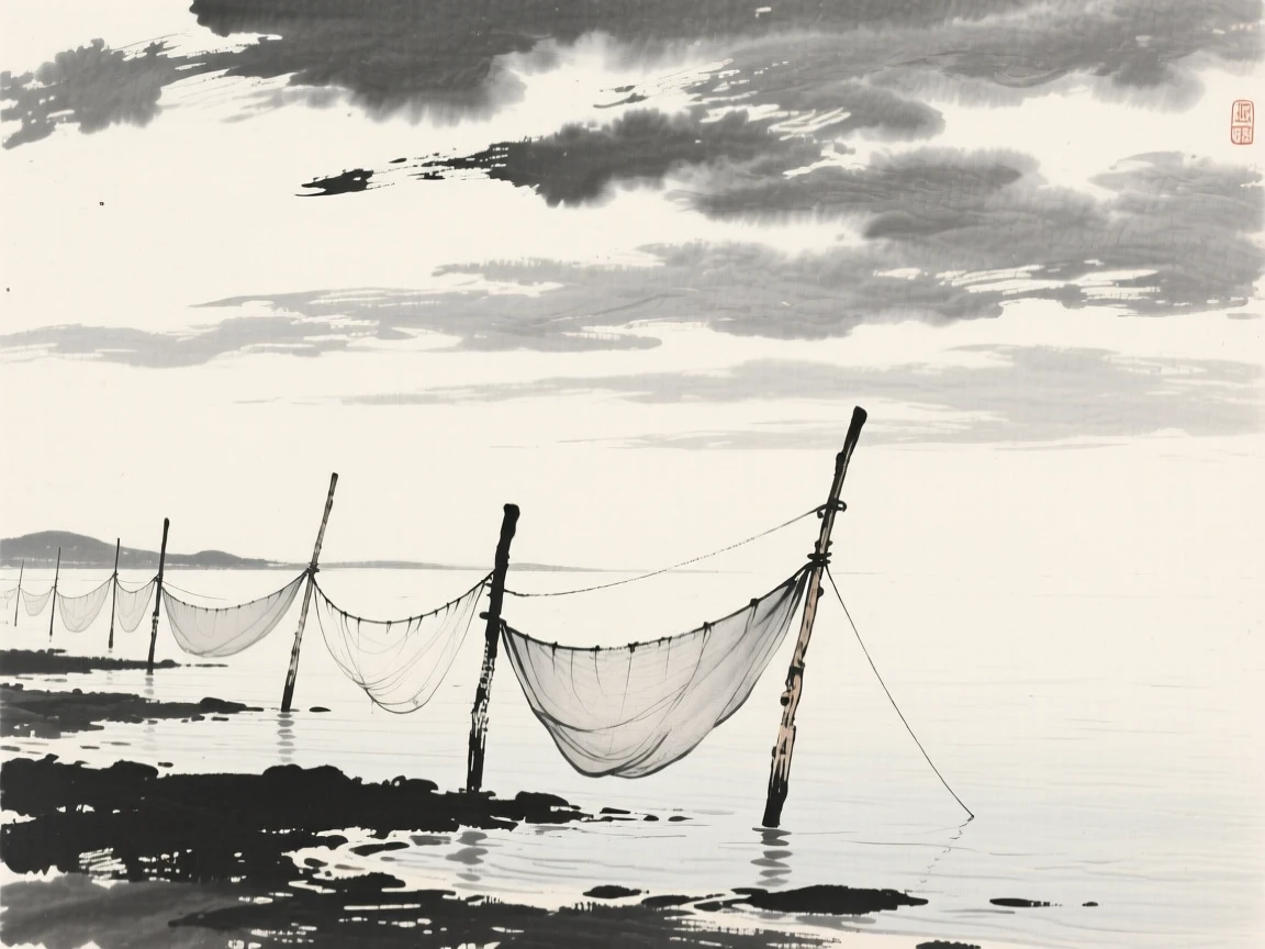 A calm bay where fishing nets dry along wooden posts beneath a canopy of drifting cloud banks, composed with wide open space above to emphasize the scale of the sky, conveying calm reflection and gentle isolation.