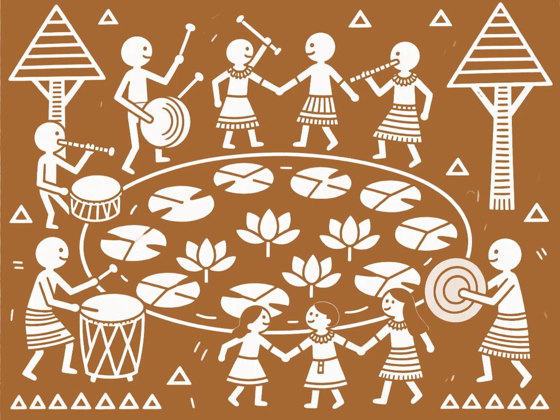 A composition centered on a lotus pond filled with musicians and celebrating families.