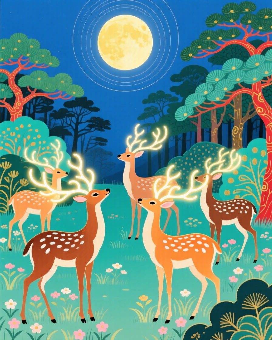 A forest clearing where deer with antlers of light gather beneath the moon.