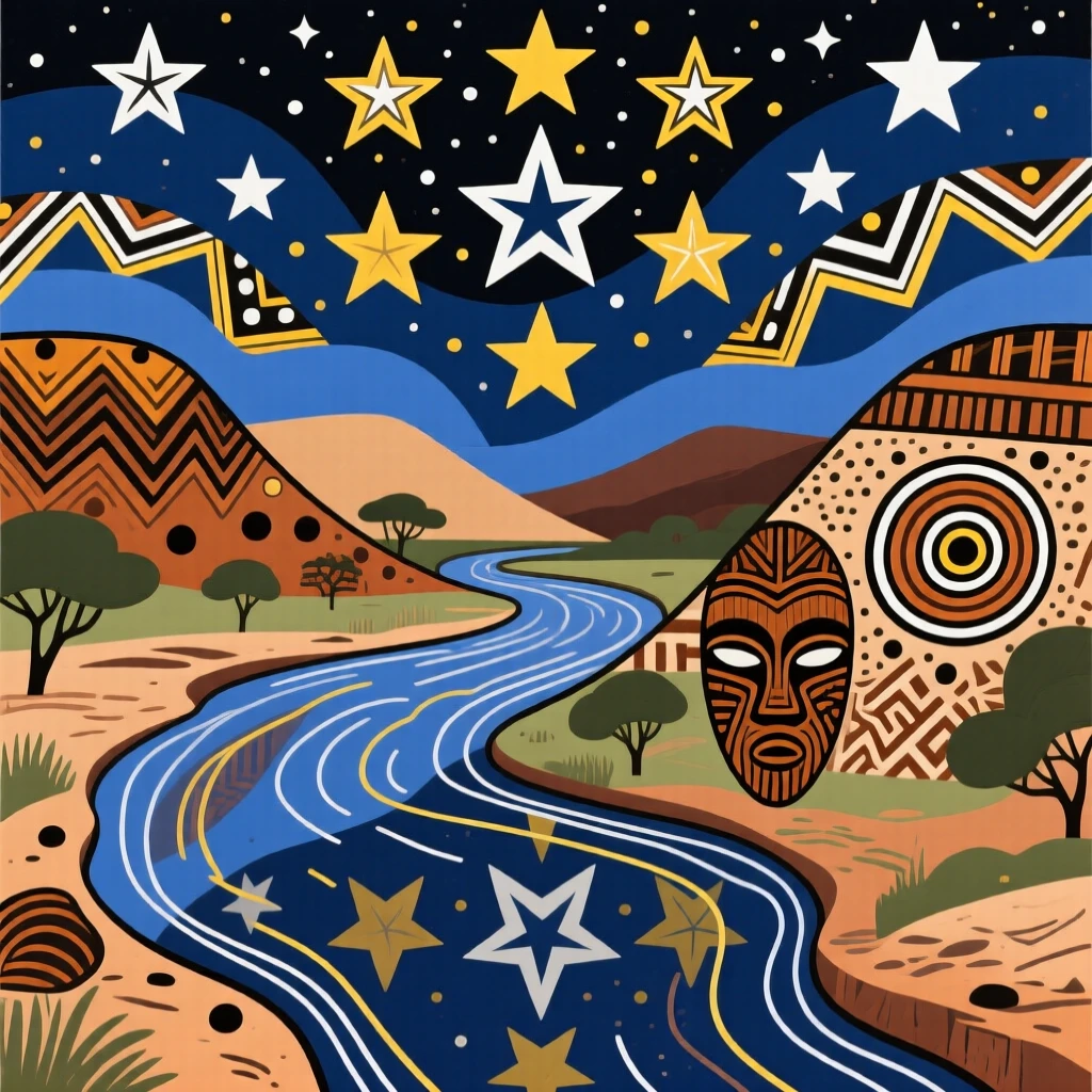 A starlit night sky over a winding river valley.