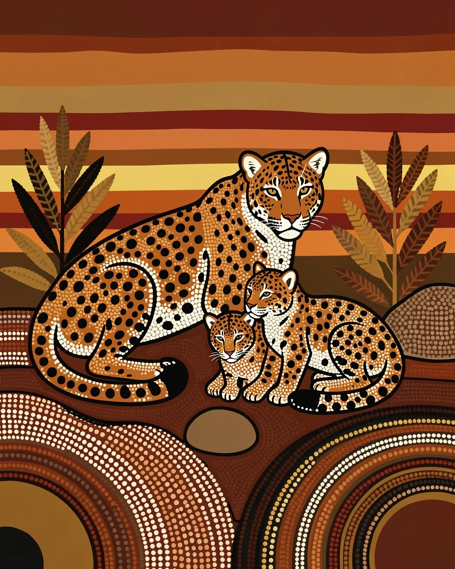 A jaguar family gathered at sunset