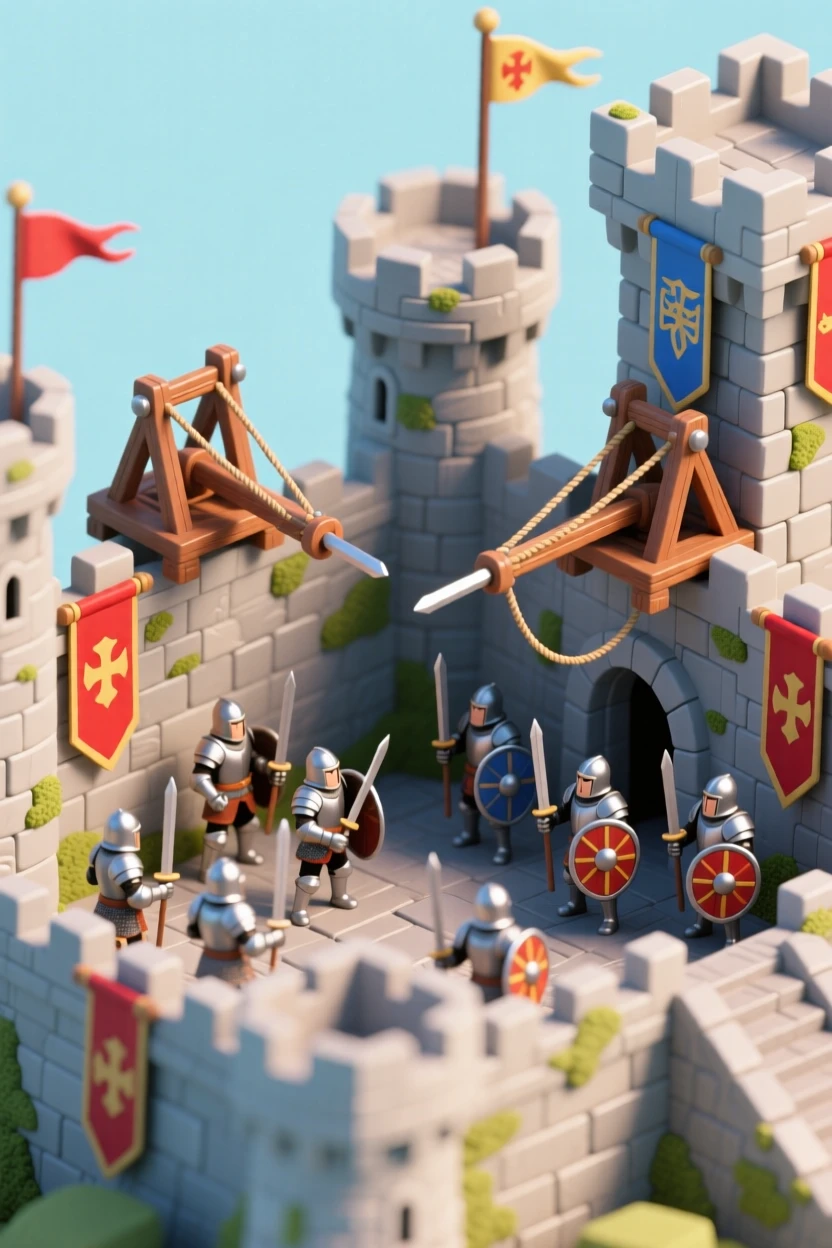 A medieval castle siege scene with catapults positioned, banners waving, and knights preparing behind sturdy stone walls.