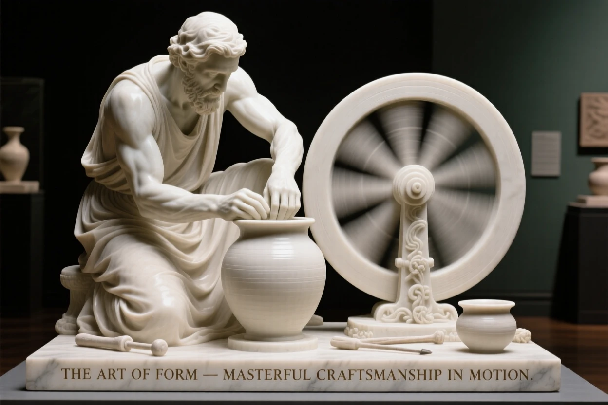 A beautifully composed image of a potter shaping clay on a spinning wheel, captured with cinematic depth and detail, full of atmosphere and visual storytelling