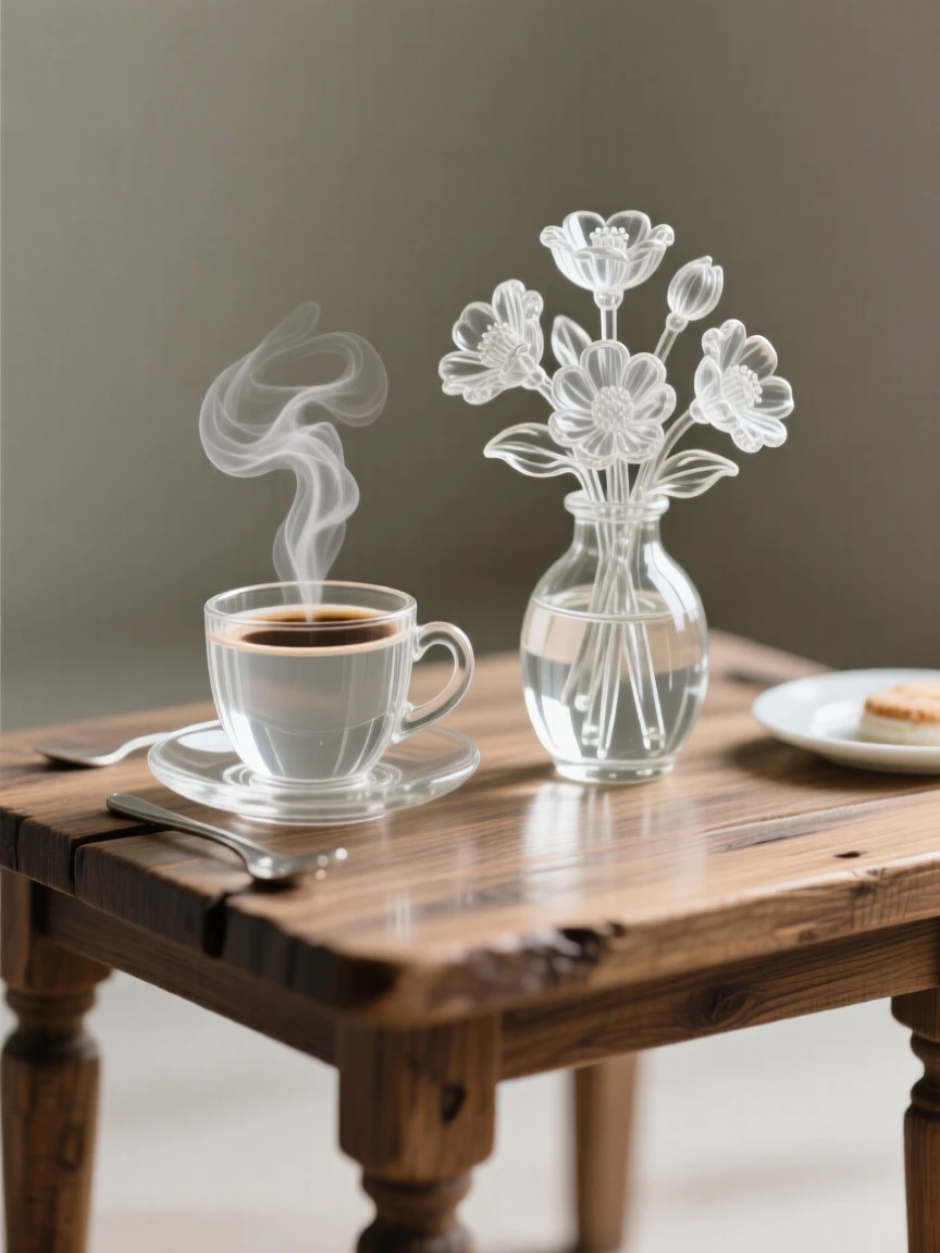 On a rustic wooden table set for breakfast, a steaming cup of coffee beside a small vase of flowers