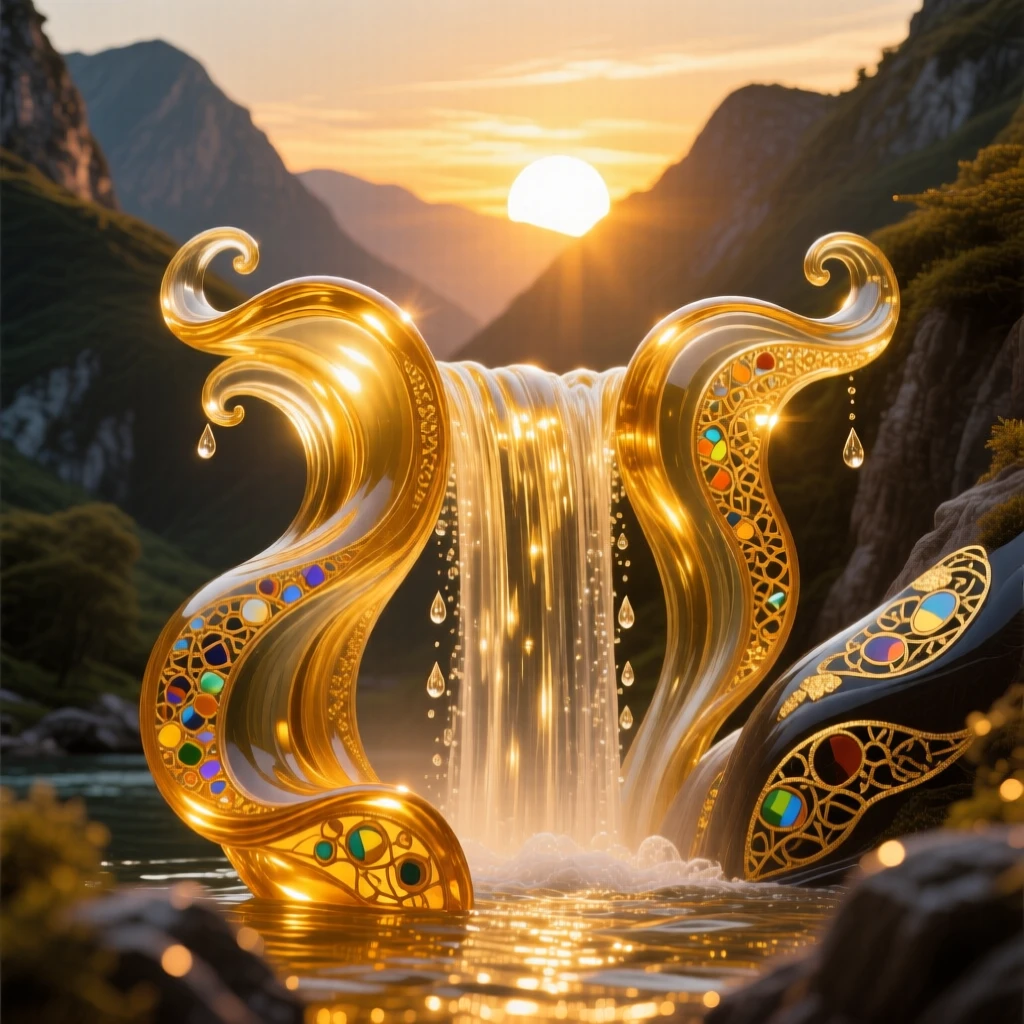 A grand waterfall glowing gold beneath the setting sun in a hidden mountain valley, majestic and warm.