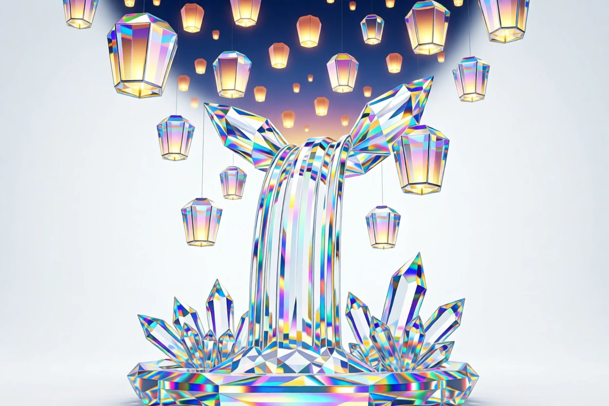 A dreamlike waterfall cascading upward into a sky filled with glowing lanterns.