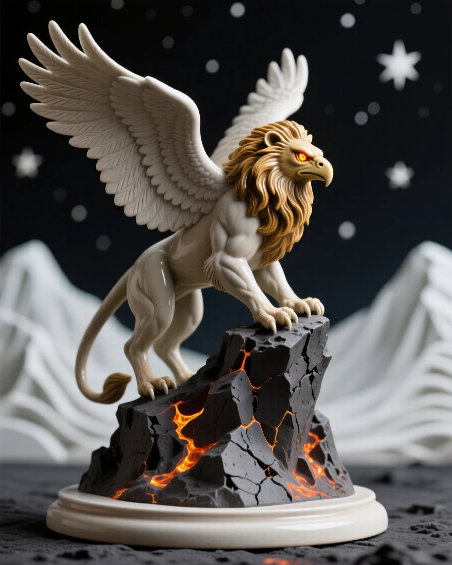 A griffin perched on a craggy peak frozen mid-flight against a starry sky, its eyes glowing with an inner fire, filling the scene with mysterious, otherworldly beauty.
