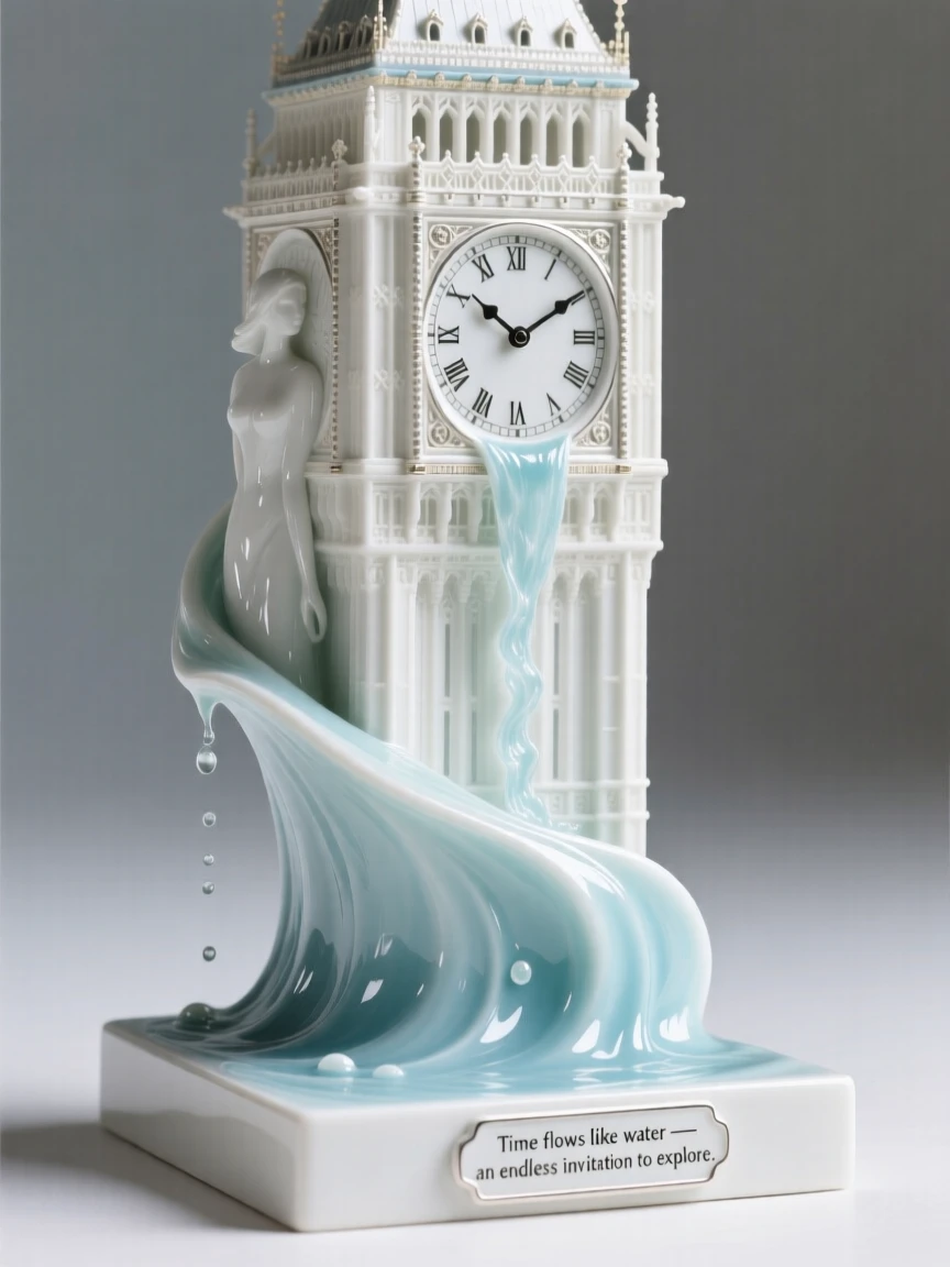 An imaginative vision of a clocktower where time visibly flows like water, inviting long, curious exploration.