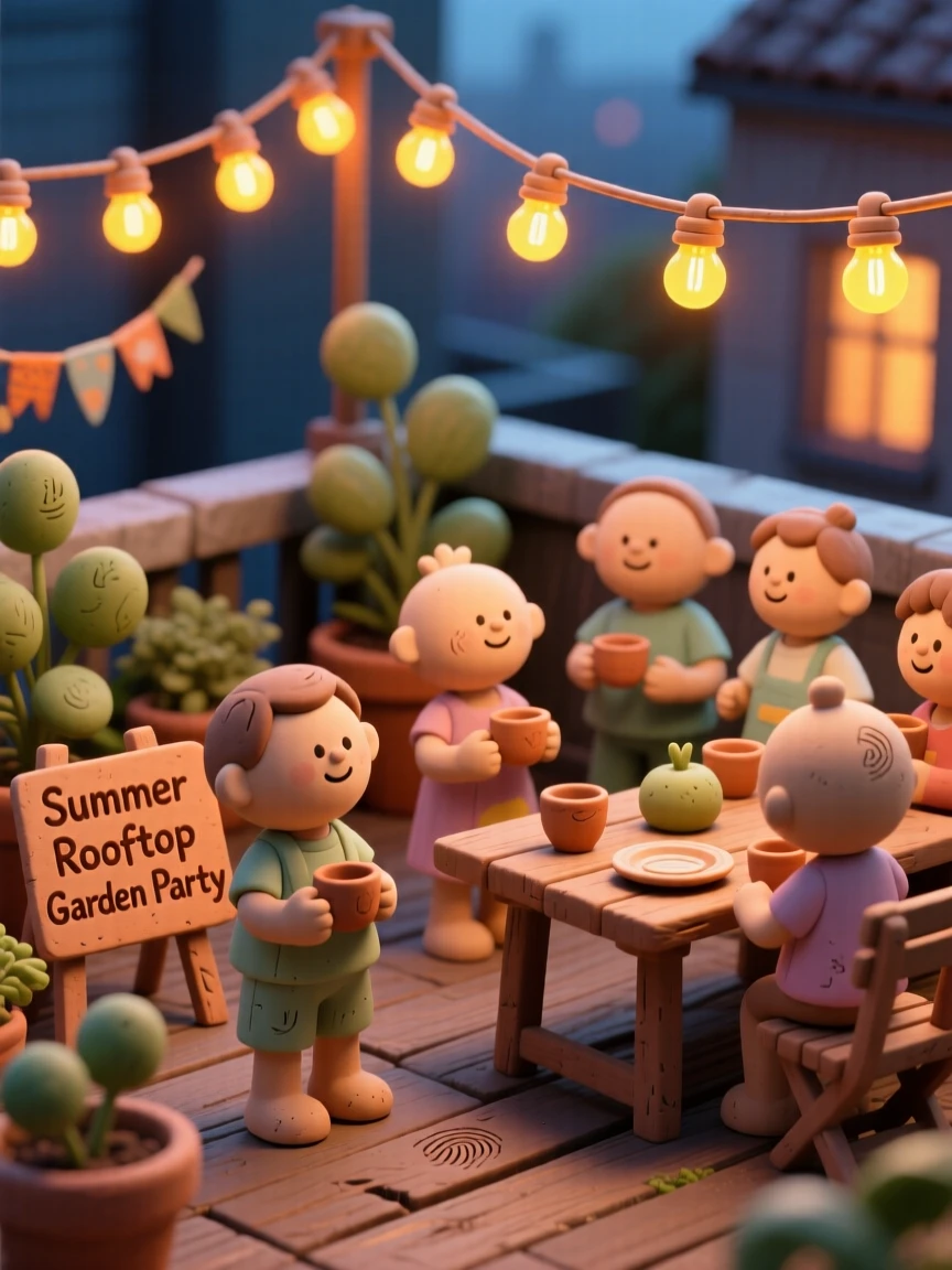 A summer rooftop garden party glowing beneath string lights