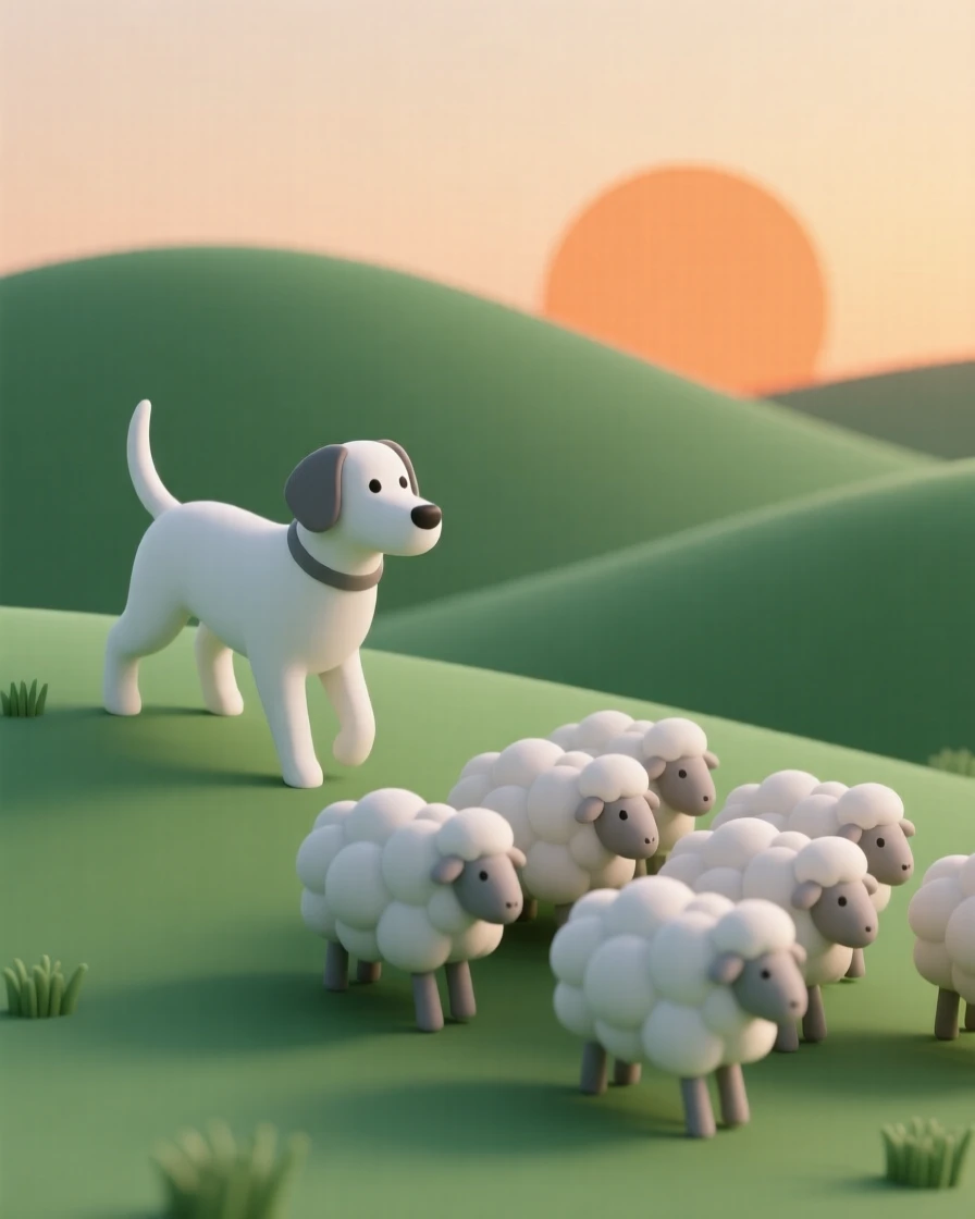 A proud shepherd dog herds a flock of fluffy sheep across a rolling green hillside at sunset.
