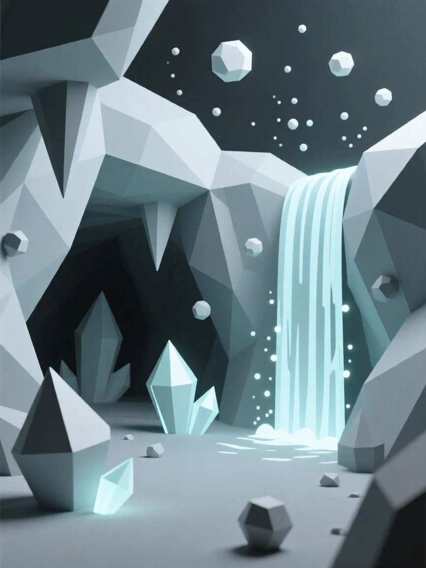 A crystal cave filled with glowing gemstones, beside a waterfall that glows with soft light. swirling particles of light drift through the air. The mood is mysterious yet inviting.