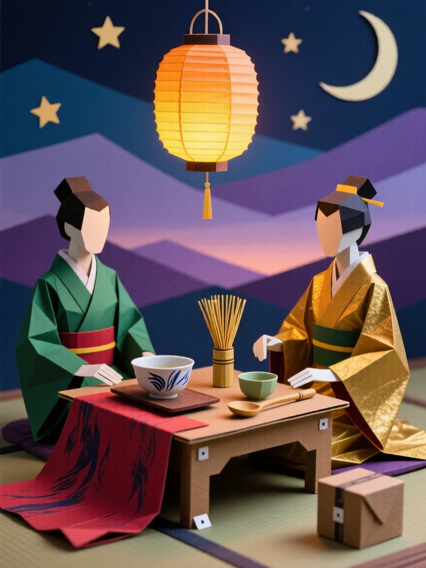A traditional tea ceremony filling a twilight sky with soft glowing light, with vibrant colors and fabrics on display, capturing vibrant, living tradition.