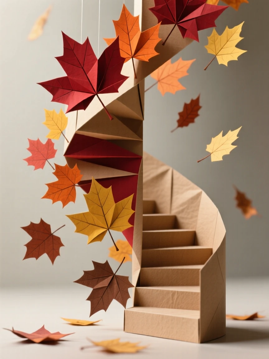 A spiral staircase made of falling autumn leaves suspended in mid-air.