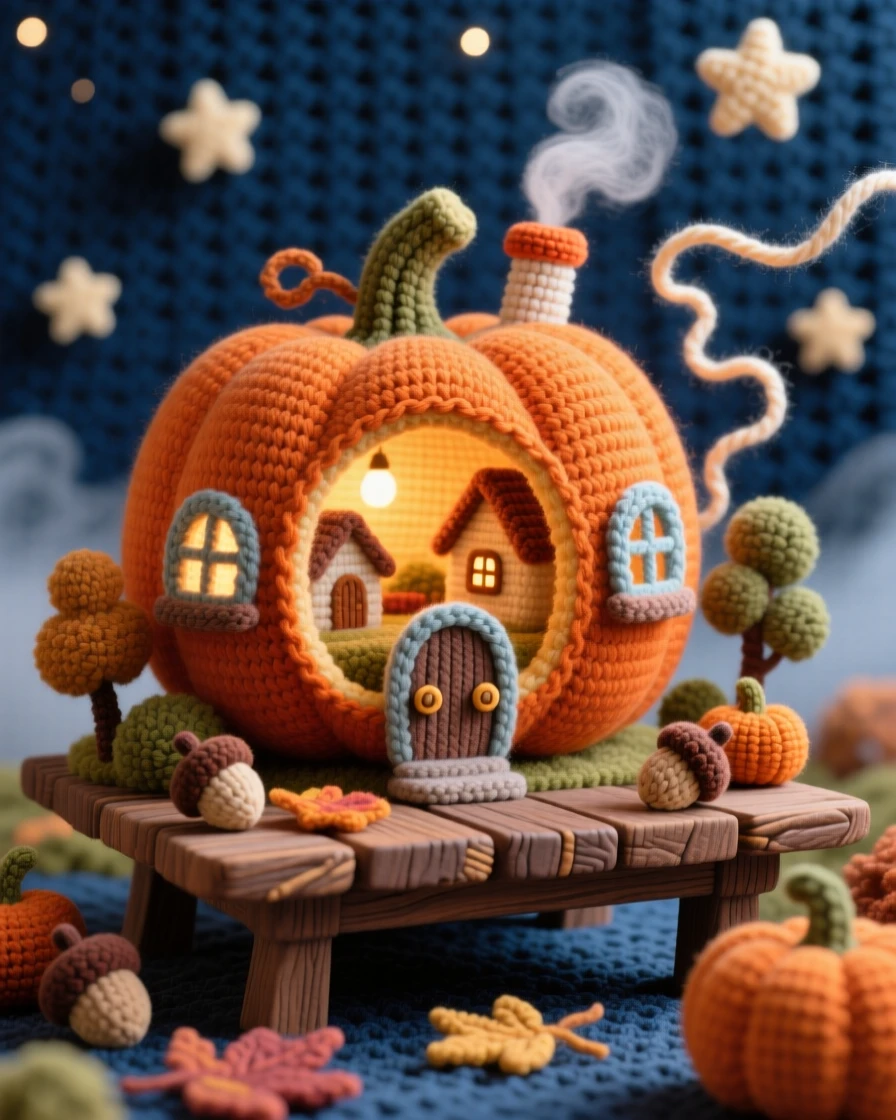 a miniature village built inside a hollowed-out pumpkin, glowing softly from within, resting on a harvest table, drifting through a sky scattered with stars, with a small ribbon of drifting mist, evoking playful imagination brought to life.