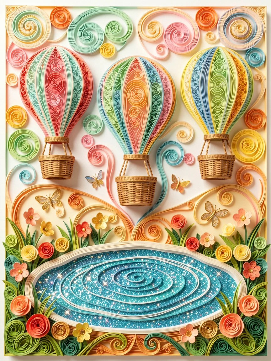 A whimsical children's scene of a candy-colored hot air balloon festival beside a sparkling toy pond, in warm sunny tones of gold and coral, arranged with bright cheerful symmetry.