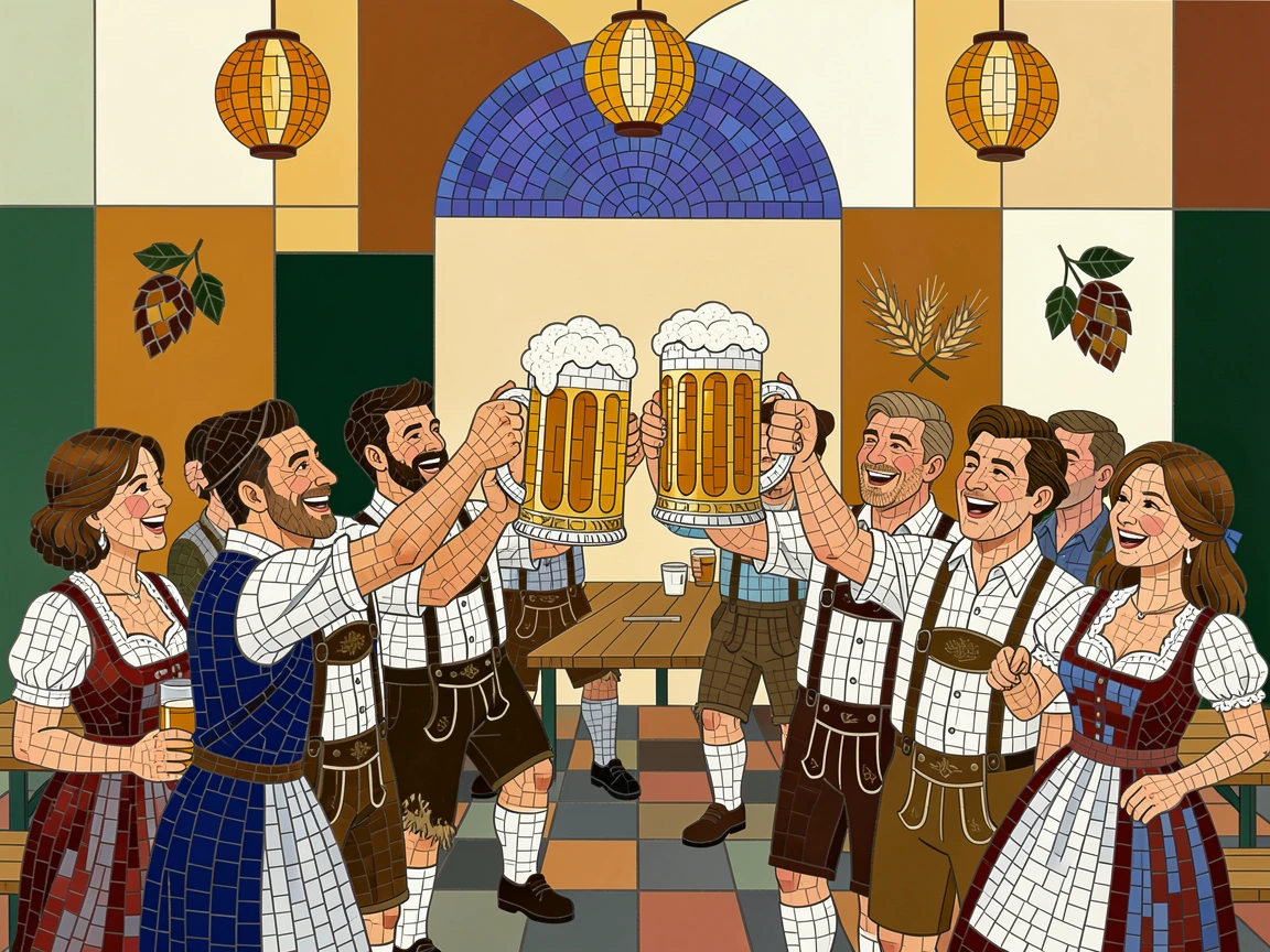 A traditional Oktoberfest celebration with steins raised in a festive hall.