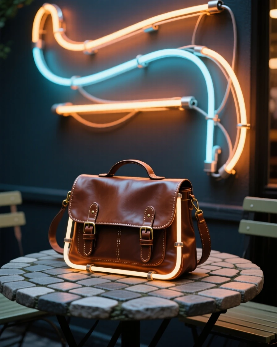 A leather messenger bag resting on a cobblestone café table.