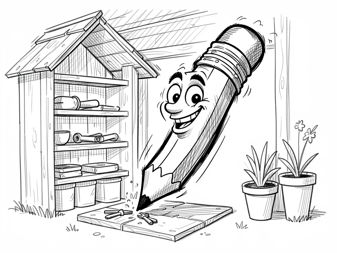 A pencil sharpening itself with a satisfied grin in a garden shed.
