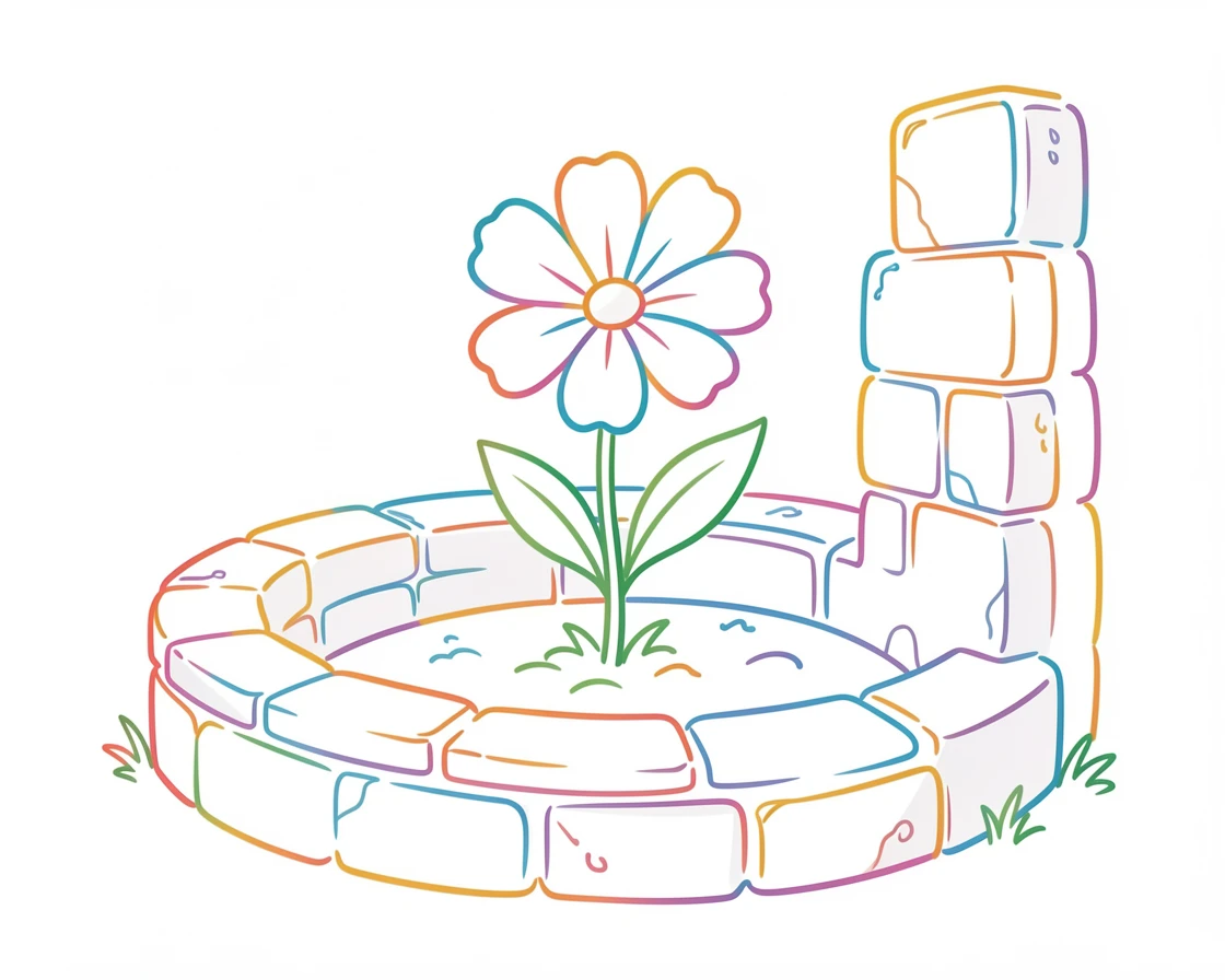 A single blooming flower growing from the center of an old stone ruin.