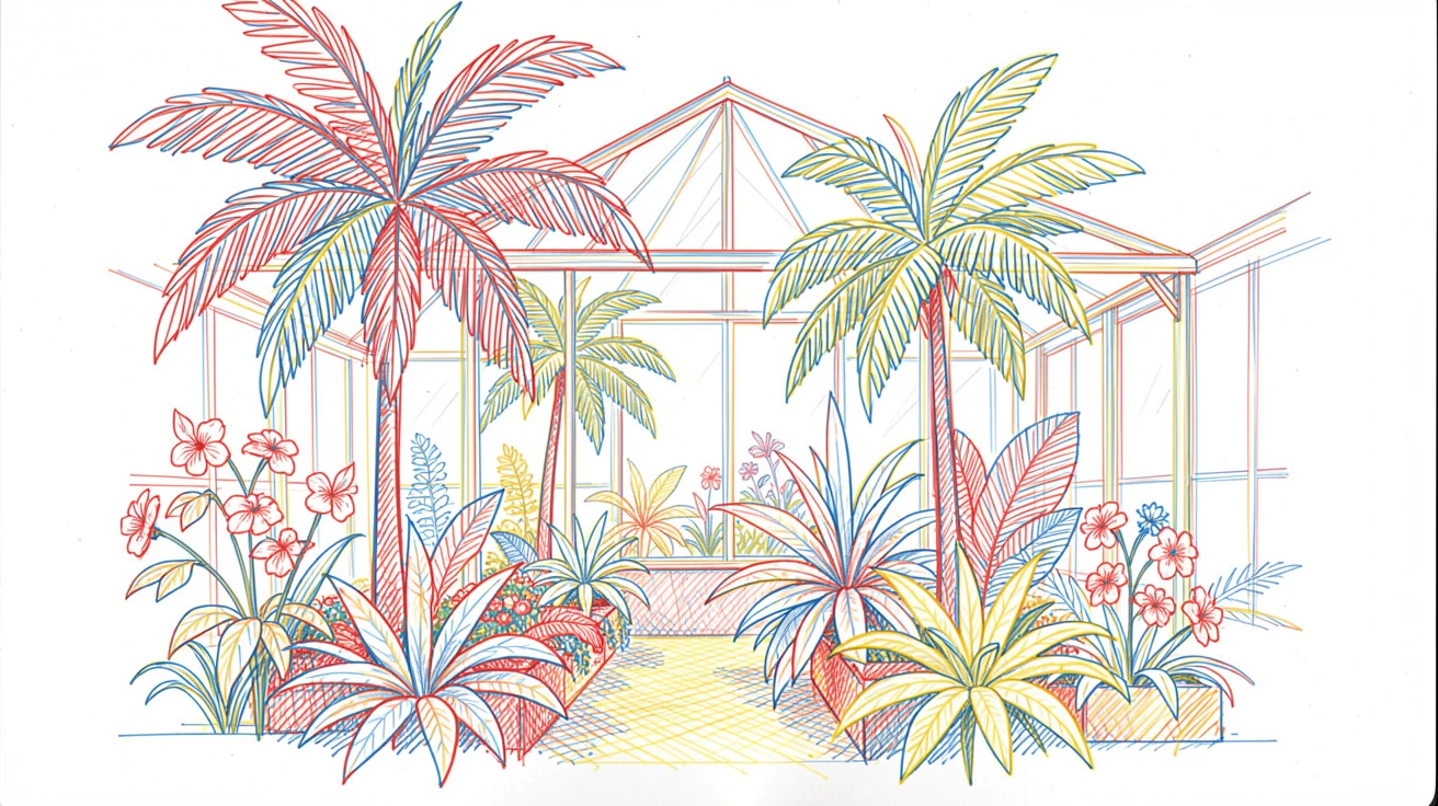 A greenhouse conservatory filled with towering tropical palms and blooms