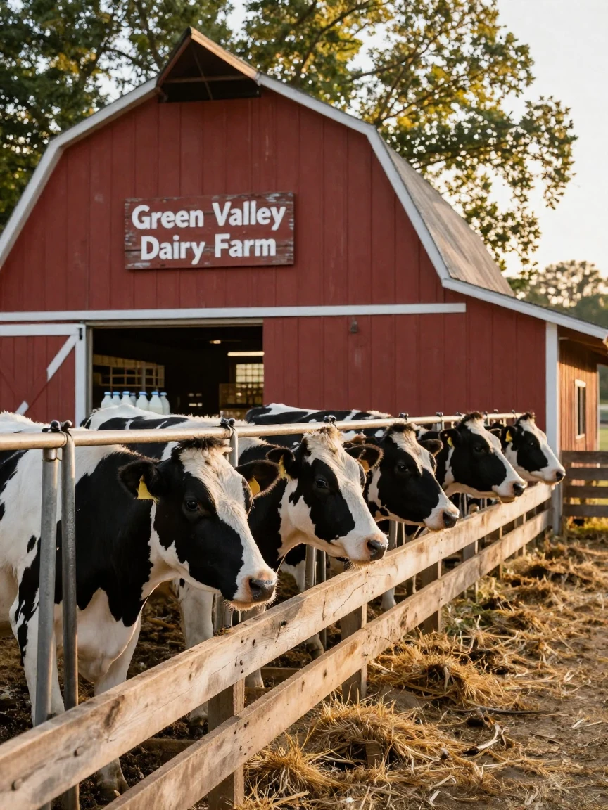 A rustic dairy farm with cows lined up for milking
