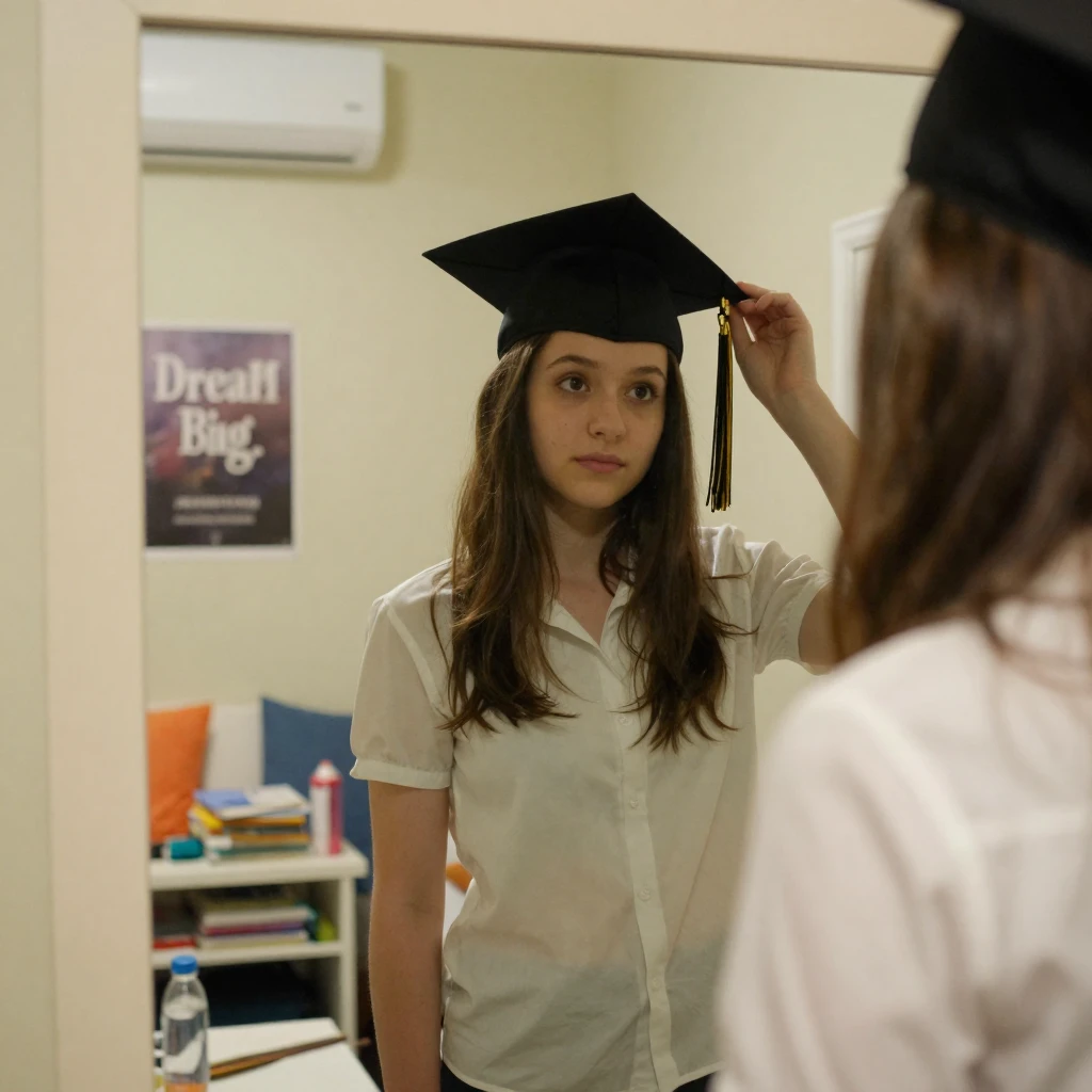A teenager adjusts her graduation cap in a mirror before the ceremony.